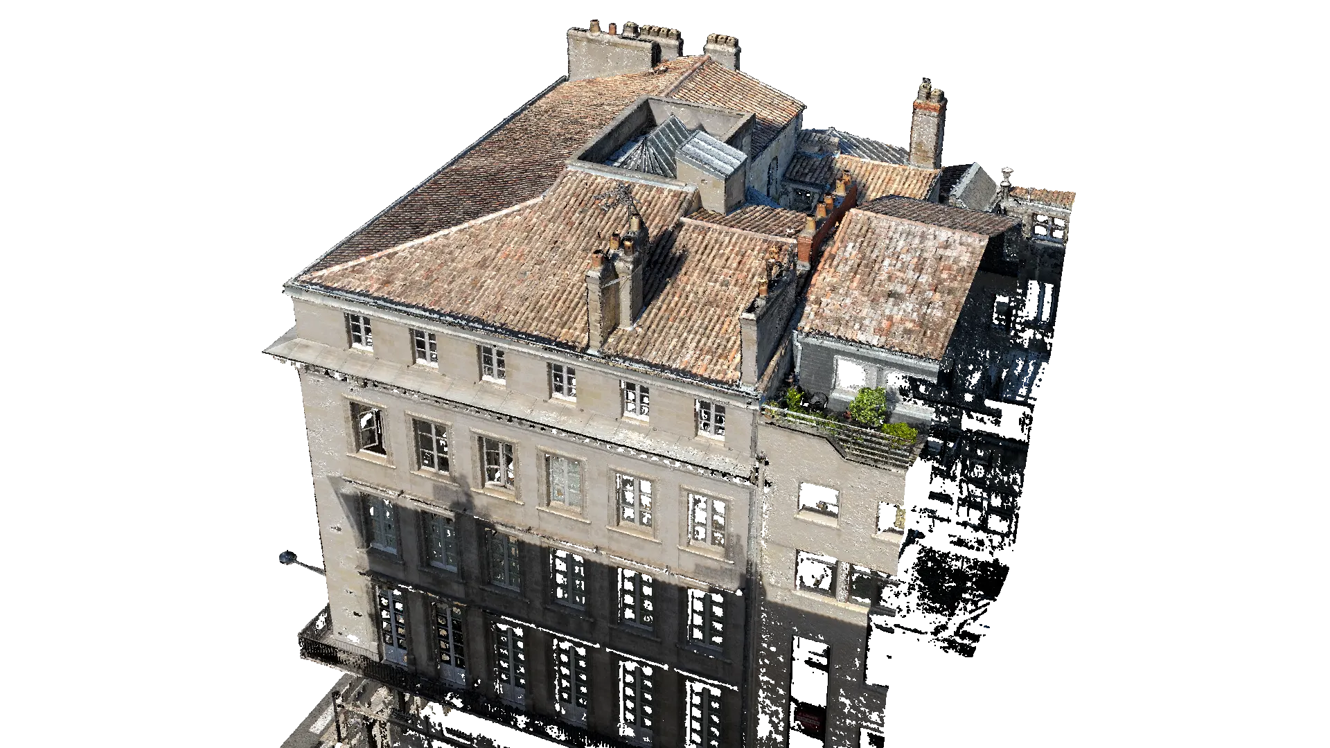 Nuage de points 3D d’un immeuble bordelais, façade et toiture, généré par photogrammétrie drone en RTK