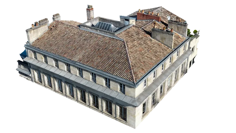 Modélisation 3D par drone d’une toiture et d’une façade d’immeuble ancien à Bordeaux centre