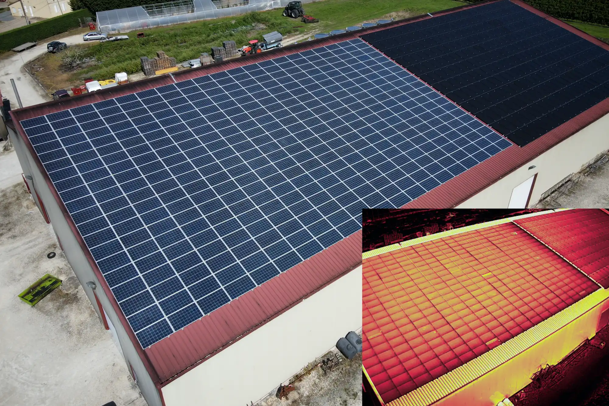 Vue d’ensemble de l’installation photovoltaïque d’un chai viticole inspectée par drone en Gironde