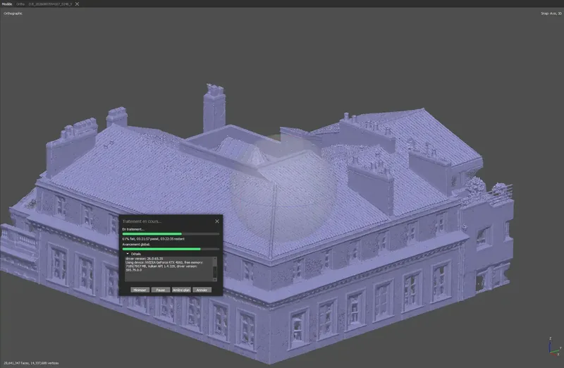 Traitement en cours d’une modélisation 3D de toiture à partir de prises de vues drone