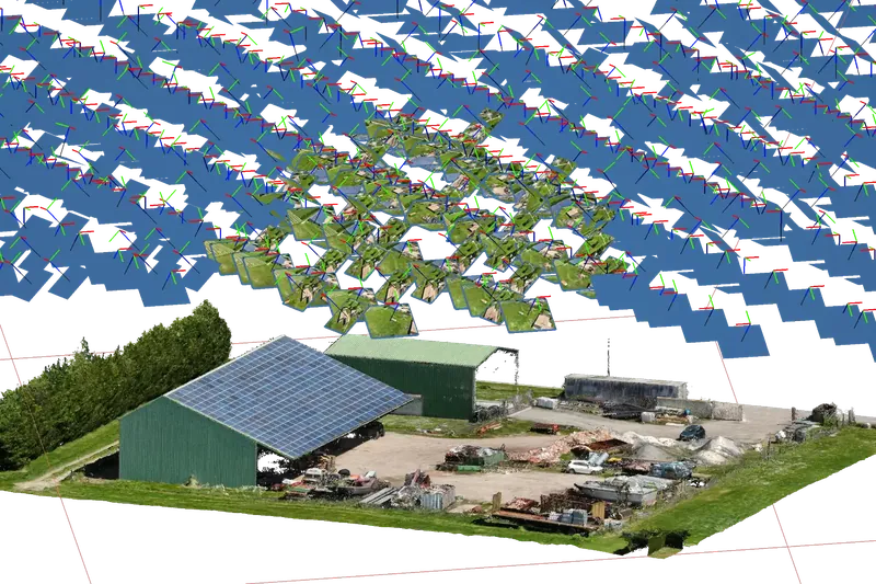 Nuage de points 3D et positions de prise de vue d’une photogrammétrie par drone