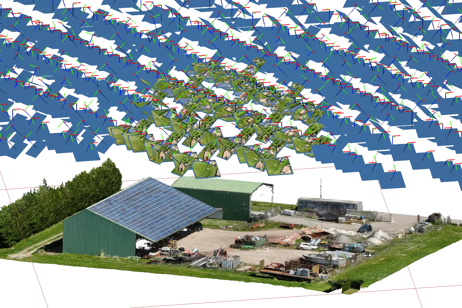 Nuage de points 3D et positions de prise de vue d’une photogrammétrie par drone
