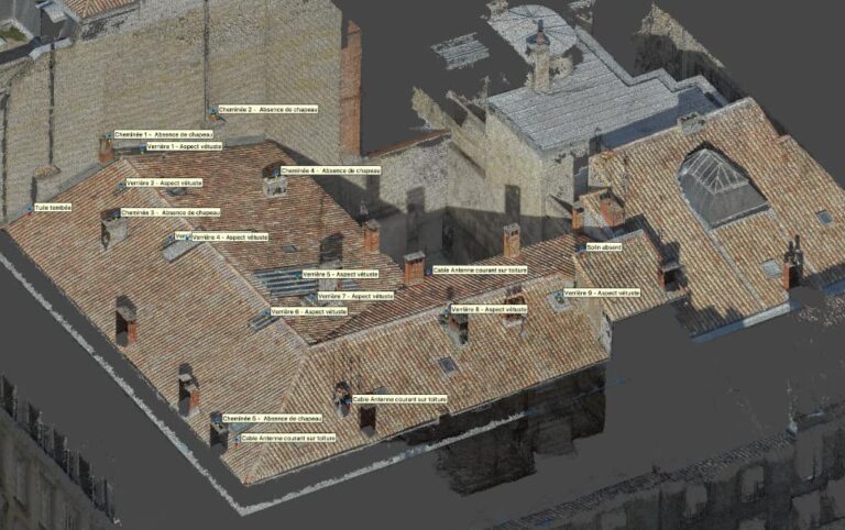 Nuage de points photogrammétrique d'une toiture en Gironde avec défauts identifiés