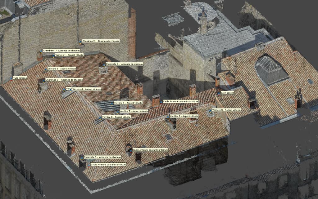 Nuage de points photogrammétrique d'une toiture en Gironde avec défauts identifiés